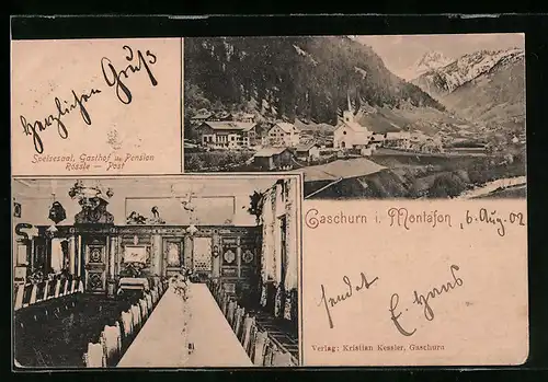 AK Gaschurn i. Montafon, Inneres Speisesaal im Gasthof u. Pension Rössle-Post, Teilansicht mit Kirche