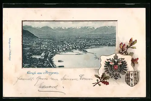 Präge-AK Bregenz, Teilansicht, Wappen, Passepartout