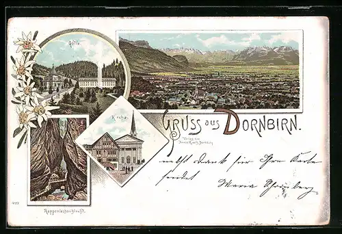 Lithographie Dornbirn, Gütle, Kirche, Rappenlochschlucht
