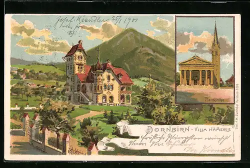 Lithographie Dornbirn, Villa Hamerle, Pfarrkirche