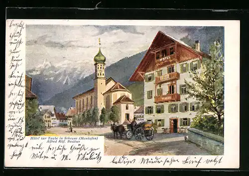 Lithographie Schruns /Montafon, Hotel zur Taube mit Kirche und Pferdewagen