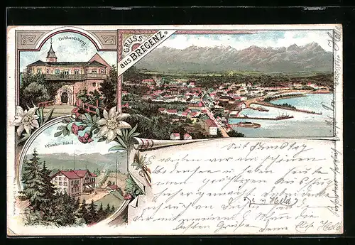 Lithographie Bregenz, Pfänder-Hotel, Gebhardsberg, Teilansicht