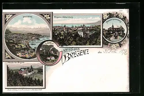 Lithographie Bregenz, Kloster Riedenburg, Pfänder, Plateau v. Gebhardsberg