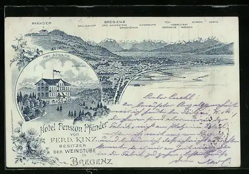 Lithographie Bregenz, Hotel Pension Pfänder, Panorama mit Gallinakopf, Töde und Altmann