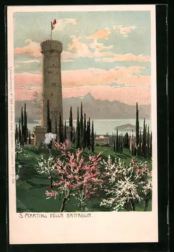 Künstler-AK Zeno Diemer: S. Martino della Battaglia, Ortspartie mit Turm