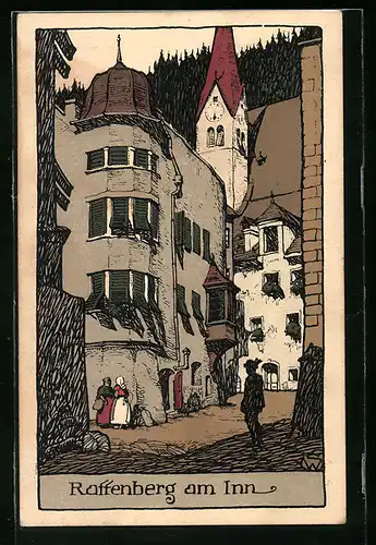 Steindruck-AK Rattenberg am Inn, Strassenpartie mit Gebäudeansicht