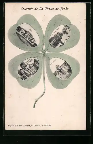 AK La Chaux-de-Fonds, Hotel Communal, La Gare & Synagogue et Contrôle Fédéral im Kleeblatt, Passepartout