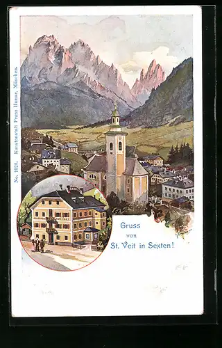 Künstler-AK Hans Treiber: St. Veit i. Sexten, Ortsansicht mit Kirche und Gasthaus zur Post