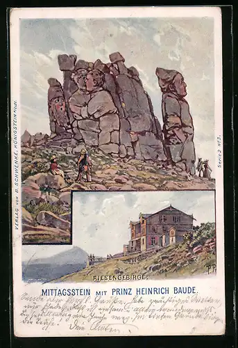 Künstler-AK Schwenke Ser. 2 Nr. 3: Riesengebirge, Mittagstein mit Prinz Heinrich Baude, Berg mit Gesicht / Berggesichter