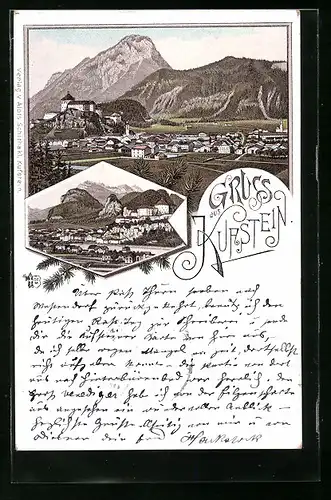 Vorläufer-Lithographie Kufstein, Gesamtansicht aus der Vogelschau 1895