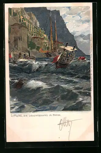Künstler-AK Zeno Diemer: Limone, Die Leuchtschiffe im Hafen