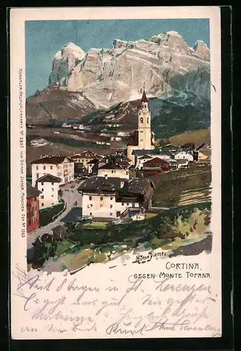 Künstler-AK Zeno Diemer: Cortina, Ortsansicht gegen Monte Tofana