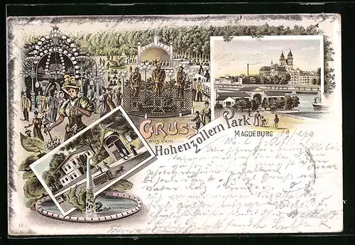 Lithographie Magdeburg, Hohenzollern-Park und Dom