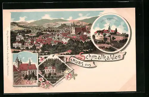 Lithographie Schmalkalden, Ortsansicht, Schloss Wilhelmsburg, Rathaus, Waldhaus