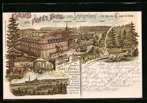 Lithographie Schöneck i. V., Funks Hotel zum Schützenhaus mit Festplatz und Gartenrestaurant