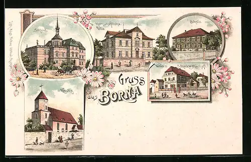 Lithographie Borna, Herrschaftliche Villa, Schloss, Schule