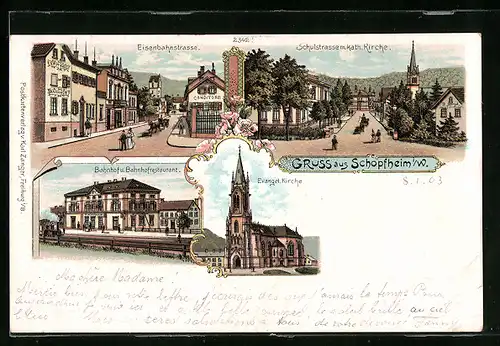 Lithographie Schopfheim i. W., Eisenbahnstrasse, Schulstrasse mit kath. Kirche, Bahnhof u. Bahnhofsrestaurant