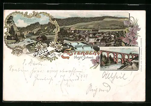 Lithographie Elsterberg / Voigtl. Schweiz, Ortsansicht und Elstertalbrücke mit Dampfzügen
