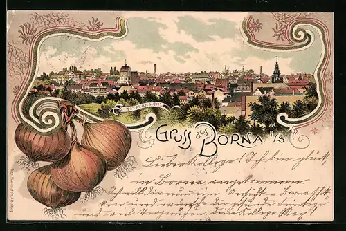 Lithographie Borna i. S., Totalansicht aus der Vogelschau