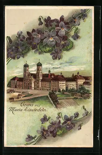 Lithographie Maria-Einsiedeln, Wallfahrtskirche, blühende Veilchen