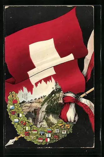 AK Wildkirchli, Kirche in den Bergen, Schweizer Fahne, Wappen der Kantone