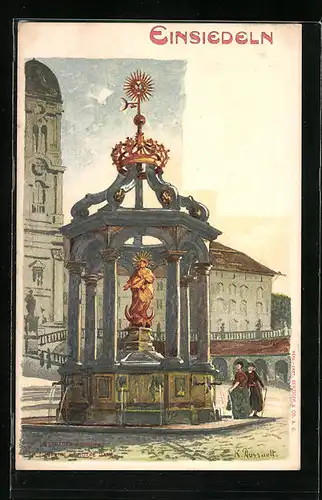 Lithographie Einsiedeln, Marienbrunnen auf dem Klosterplatz