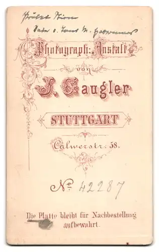 Fotografie J. Gaugler, Stuttgart, Calwerstrasse 58, Alter bürgerlicher Mann mit Backenbart