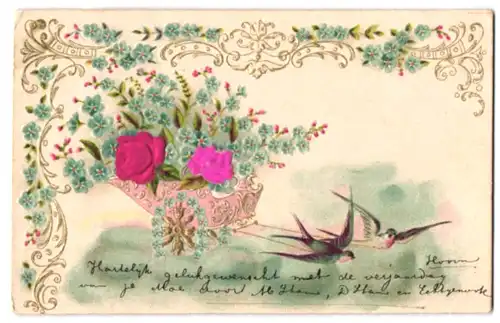 Stoff-Präge-AK Schwalben ziehen Wagen mit Blüten aus echtem Stoff