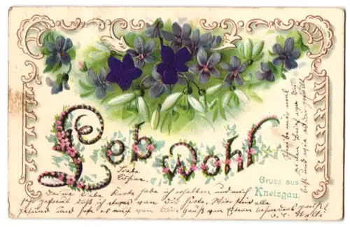 Stoff-Präge-AK Leb Wohl mit lila Blumen aus echtem Stoff