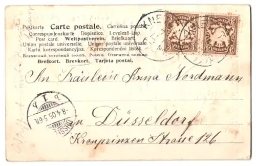 Stoff-Präge-AK Leb Wohl mit lila Blumen aus echtem Stoff