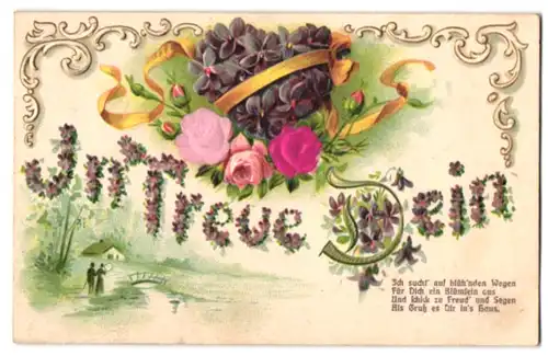 Stoff-Präge-AK In Treue Dein mit Herz und Blumen aus echtem Stoff