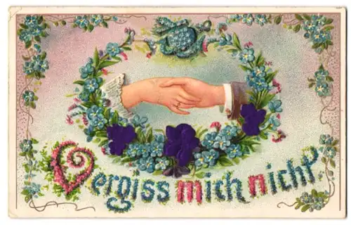 Stoff-Präge-AK Paar welches sich festhält in einem Blumenkranz aus echtem Stoff