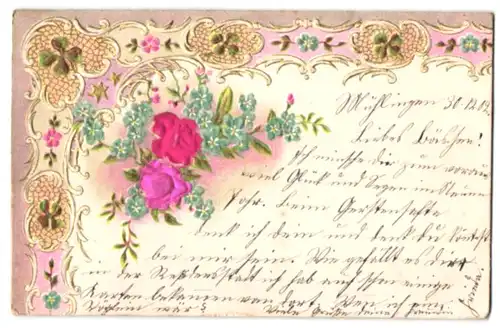 Stoff-Präge-AK Zwei pinkfarbene Rosen aus echtem Stoff verziert mit goldenem Ornament