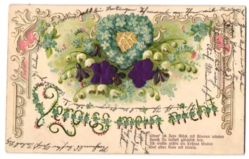 Stoff-Präge-AK Vergiss mein nicht mit Herz und lila Blüten aus echtem Stoff