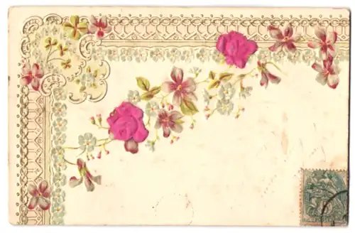 Stoff-Präge-AK Pinkfarbene Rosen aus echtem Stoff mit goldenem Ornament