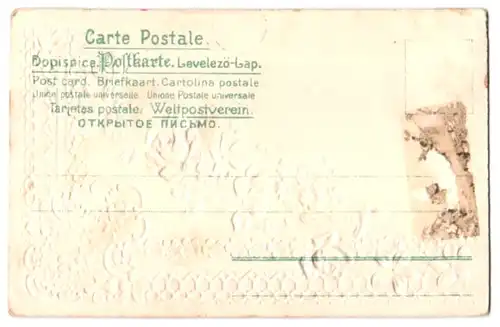 Stoff-Präge-AK Pinkfarbene Rosen aus echtem Stoff mit goldenem Ornament