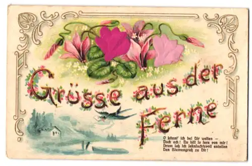 Stoff-Präge-AK Grüsse aus der Ferne, Lilien aus echtem Stoff