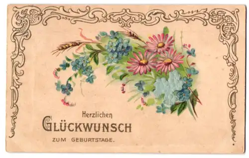 Stoff-Präge-AK Herzlichen Glückwunsch und Blumenstrauss mit Blüten aus echtem Stoff