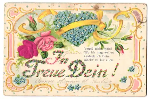 Stoff-Präge-AK In Treue Dein, Rosen aus echtem Stoff