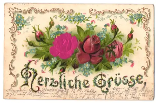 Stoff-Präge-AK Herzliche Grüsse mit Rosen aus echtem Stoff