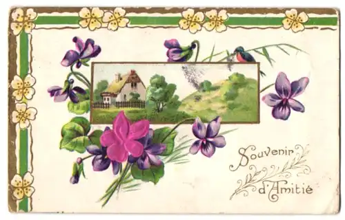 Stoff-Präge-AK Bild eines Hauses umrandet mit Blüten aus echtem Stoff