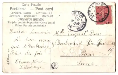 Stoff-Präge-AK Bild eines Hauses umrandet mit Blüten aus echtem Stoff