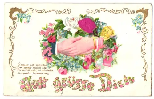 Stoff-Präge-AK Paar hält sich an den Händen inmitten eines Blumenkranzes mit Rose aus echtem Stoff