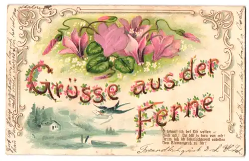 Stoff-Präge-AK Grüsse aus der Ferne mit Lilien aus echtem Stoff