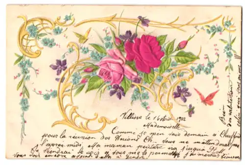 Stoff-Präge-AK Ornament mit Schmetterling und Rosen aus echtem Stoff