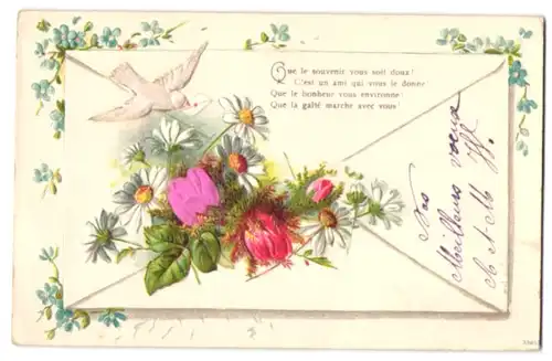 Stoff-Präge-AK Brieftaube fliegt über einen Strauss mit Blüten aus echtem Stoff