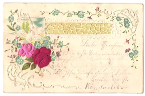 Stoff-Präge-AK Weisse Tauben und Rosenblüten aus echtem Stoff