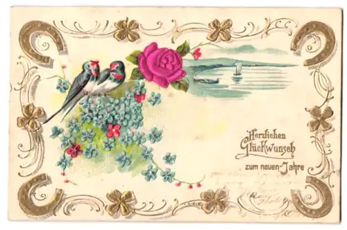 Stoff-Präge-AK Schwalben sitzen auf einem Blütenzweig, Rose aus echtem Stoff