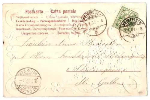 Stoff-Präge-AK Schwalben sitzen auf einem Blütenzweig, Rose aus echtem Stoff