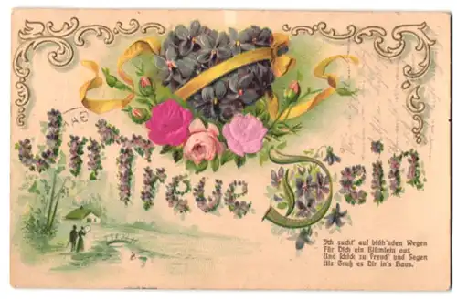 Stoff-Präge-AK In Treue Dein mit Herz aus Blüten, Rosen aus echtem Stoff